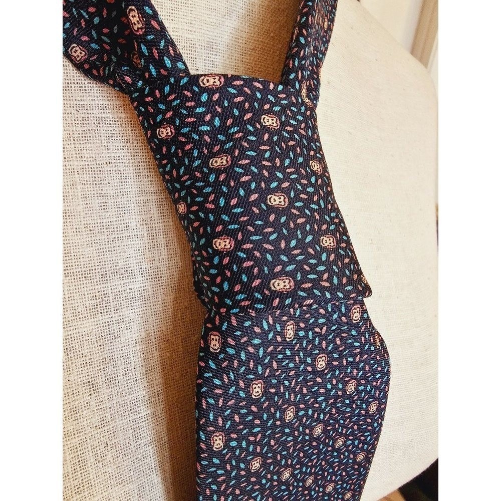 Rosso Bianco Italian silk tie all over Monkey head mini print Navy multi sprinkl